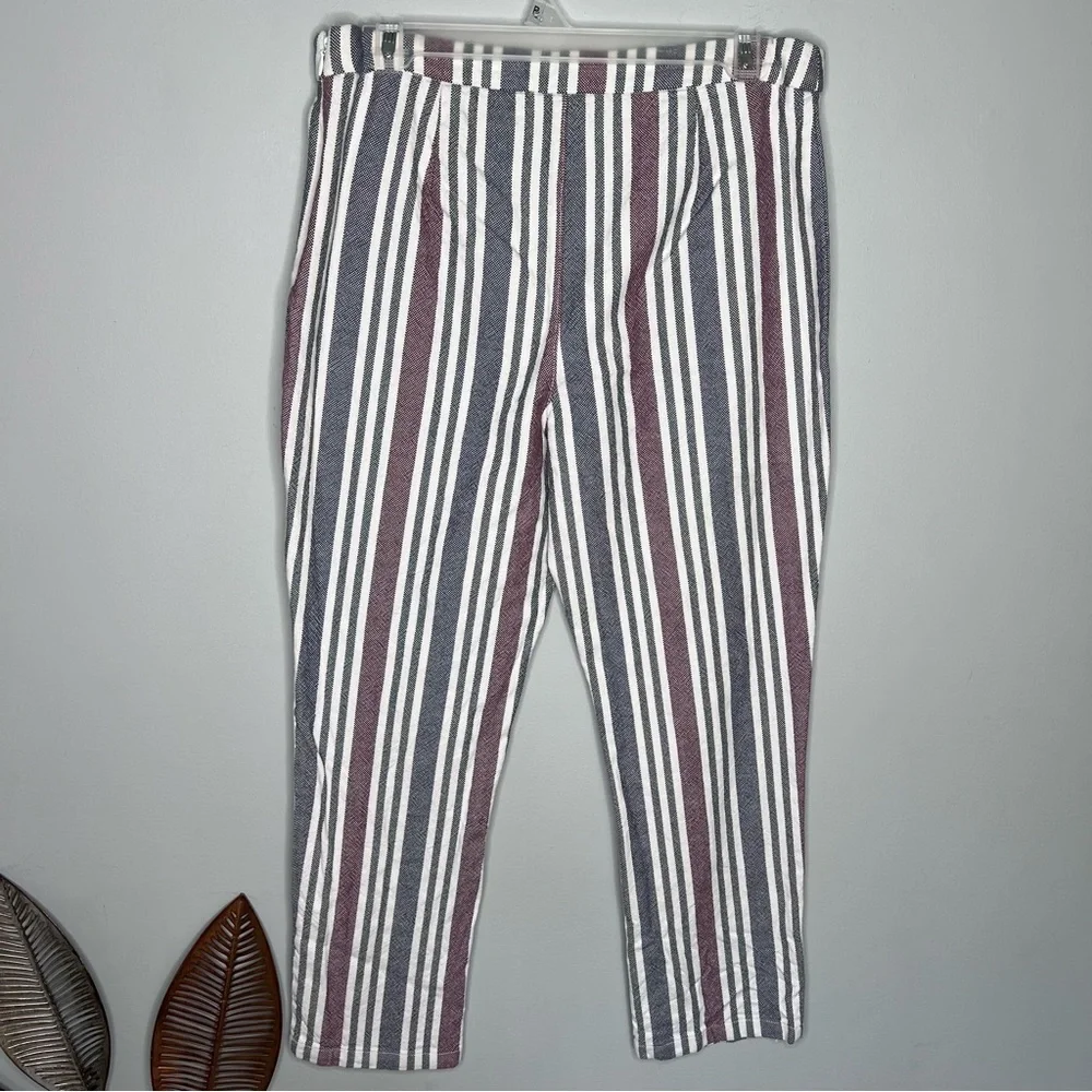 A24‎ Free People Striped Linen Pants Pull On Side Zip Ankle